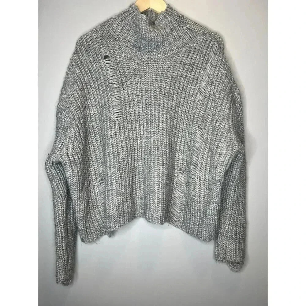 Zara Knit Size Small Womens Mock Neck Cropped Pullover Sweater Gray Tattered NEW